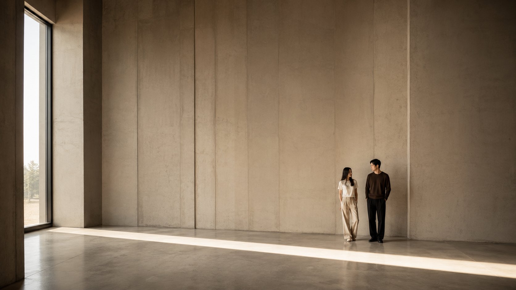 AUREN — minimalist concrete interior, soft daylight from a tall window