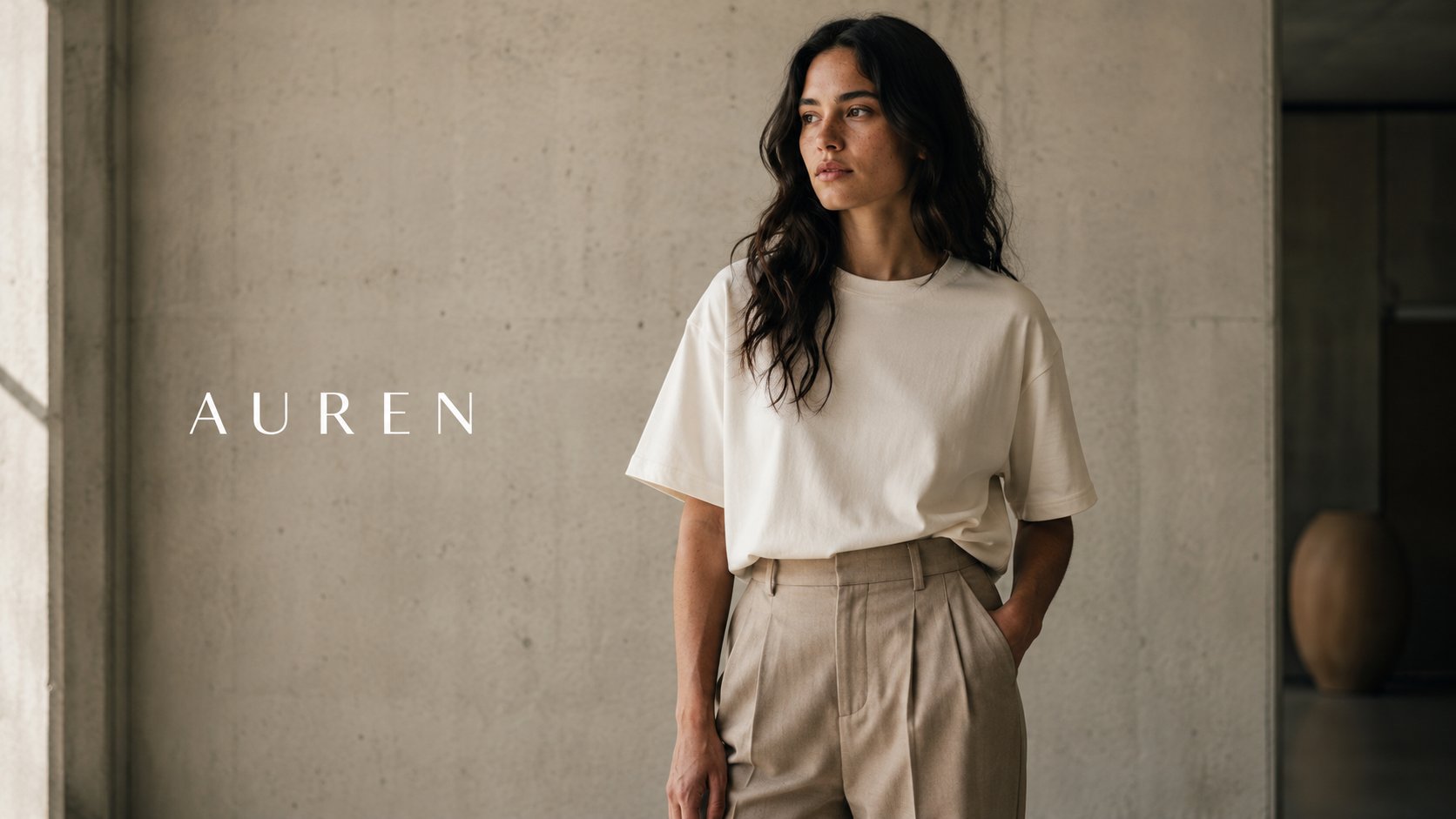 AUREN — featured collection, woman in off-white t-shirt and sand trousers