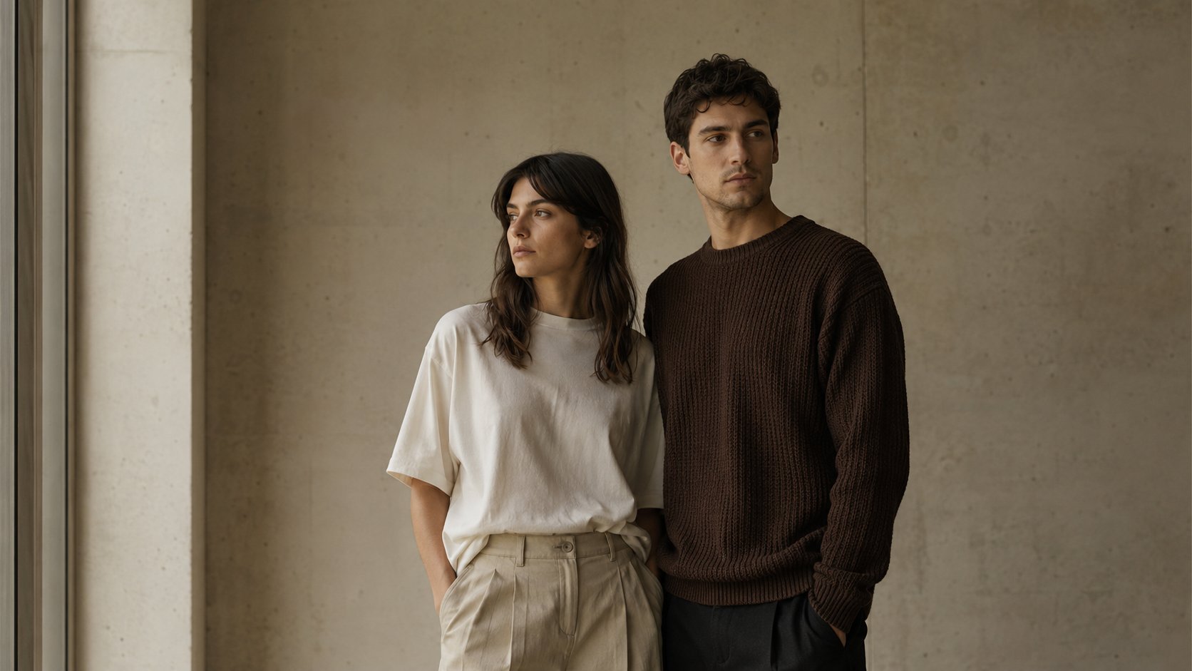 AUREN Spring/Summer 2026 — a man and woman in soft concrete light