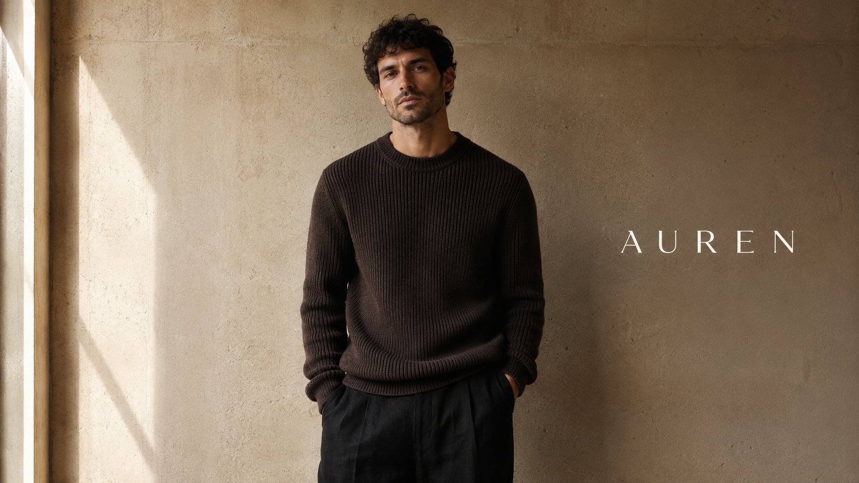 AUREN philosophy — a man in a brown ribbed knit, soft window light